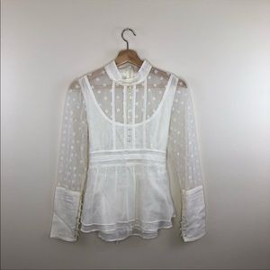 Free people white floral lace button sleeve blouse size 6